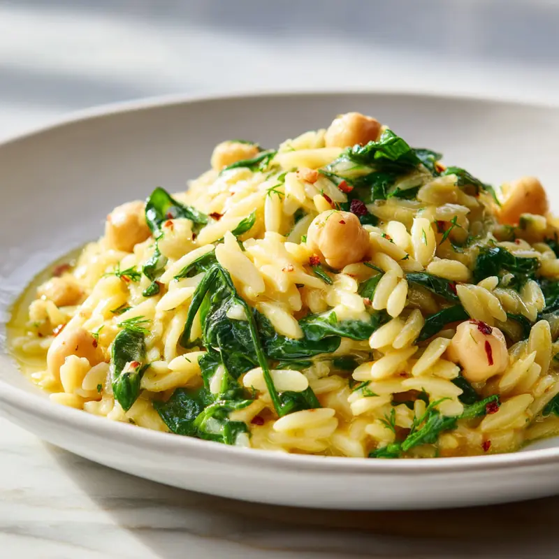 Creamy lemon orzo with chickpeas and wilted spinach served in a shallow white bowl, bright natural light.