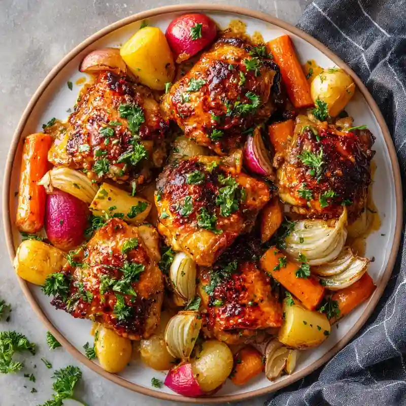 Crispy roasted chicken thighs glazed with maple mustard sauce, surrounded by carrots, potatoes, and red onions on a sheet pan.
