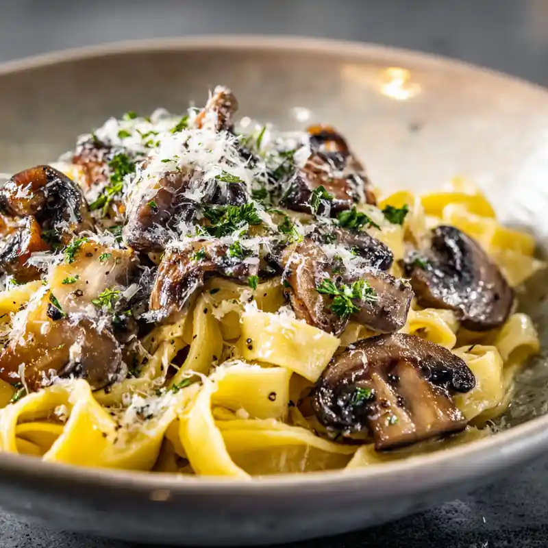 Creamy mushroom truffle pasta with sautéed mushrooms, parmesan, and parsley in a ceramic bowl