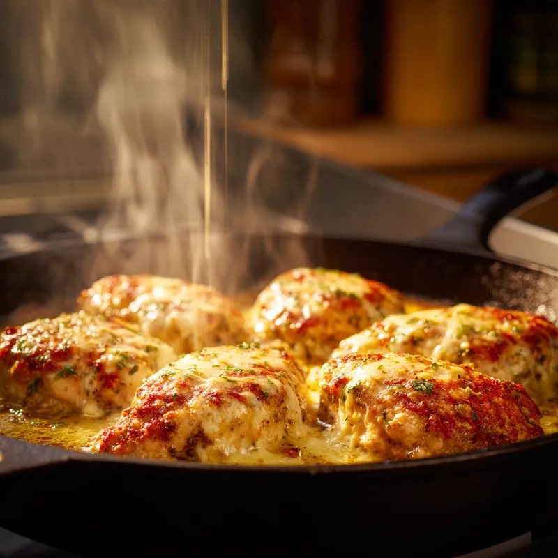Golden Parmesan pickle chicken breasts sizzling in a cast-iron skillet, topped with melted cheese and herbs, steam rising.