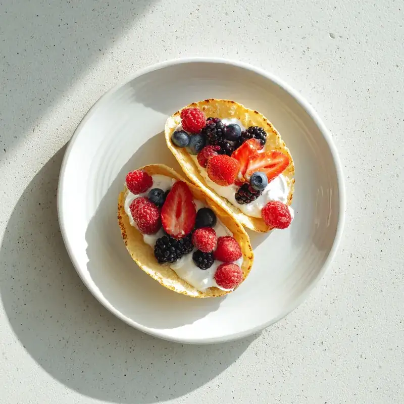 Mini pancake tacos filled with yogurt and berries on a breakfast plate.