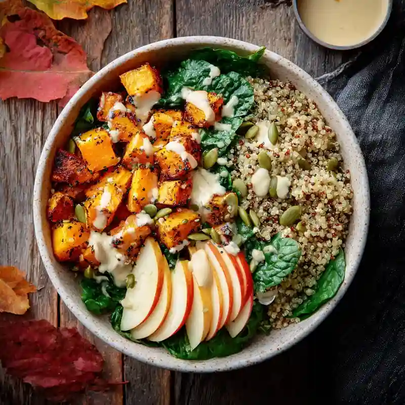 Autumn harvest bowl with roasted pumpkin, quinoa, spinach, apple slices, pepitas, and maple Dijon dressing in a white bowl on rustic wooden table.