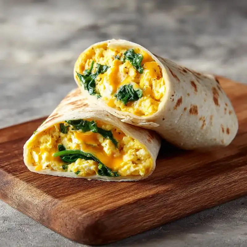 scrambled egg and cheddar wrap with spinach, sliced in half on a wooden board