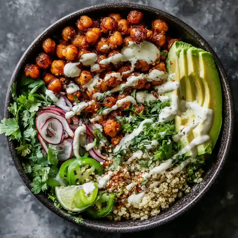 Spicy jalapeño chickpea bowl with creamy sauce and avocado