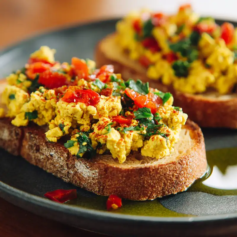 Creamy vegan tofu scramble toast with cherry tomatoes