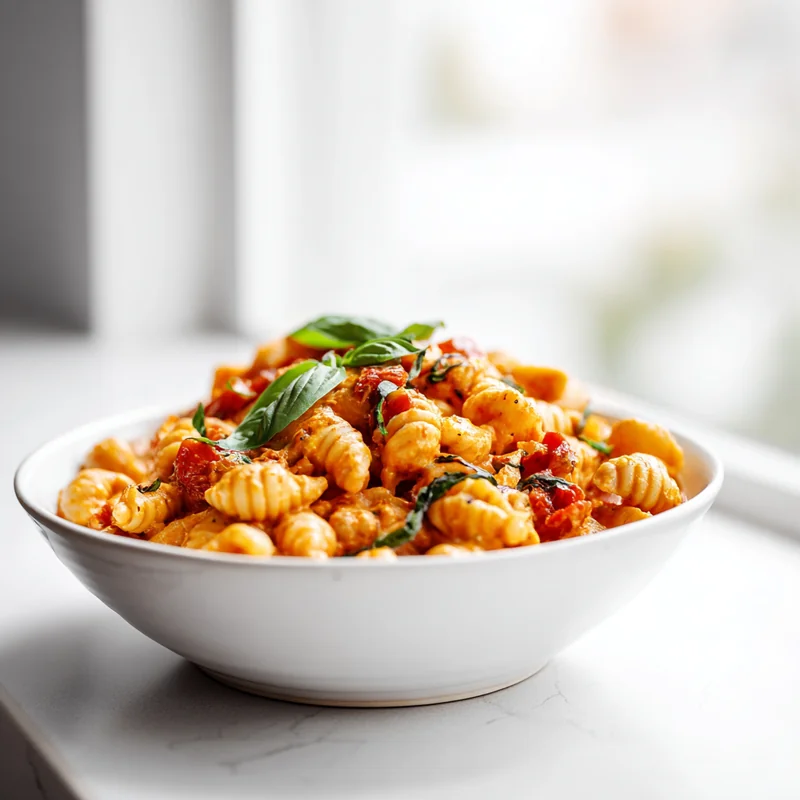 A white bowl filled with gnocchi tossed in tomato sauce, garnished with fresh basil.