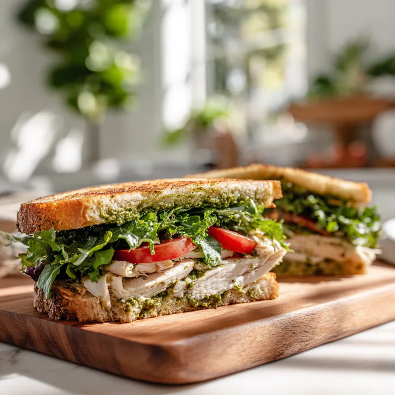 Turkey pesto sandwich sliced in halves with tomatoes and greens on rustic bread.