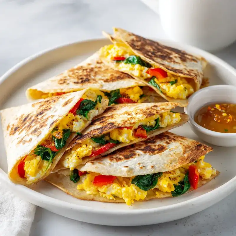 Veggie quesadillas with scrambled eggs, spinach, and bell peppers on a white plate