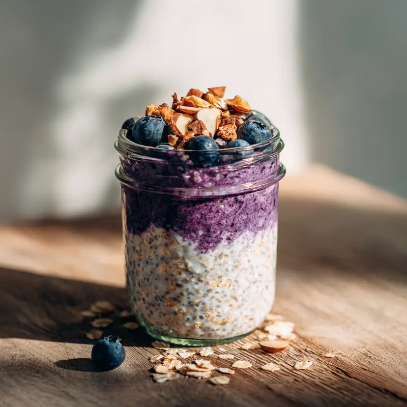 Glass jar of blueberry cheesecake overnight oats layered with Greek yogurt, oats, and blueberry purée, topped with granola and fresh blueberries.