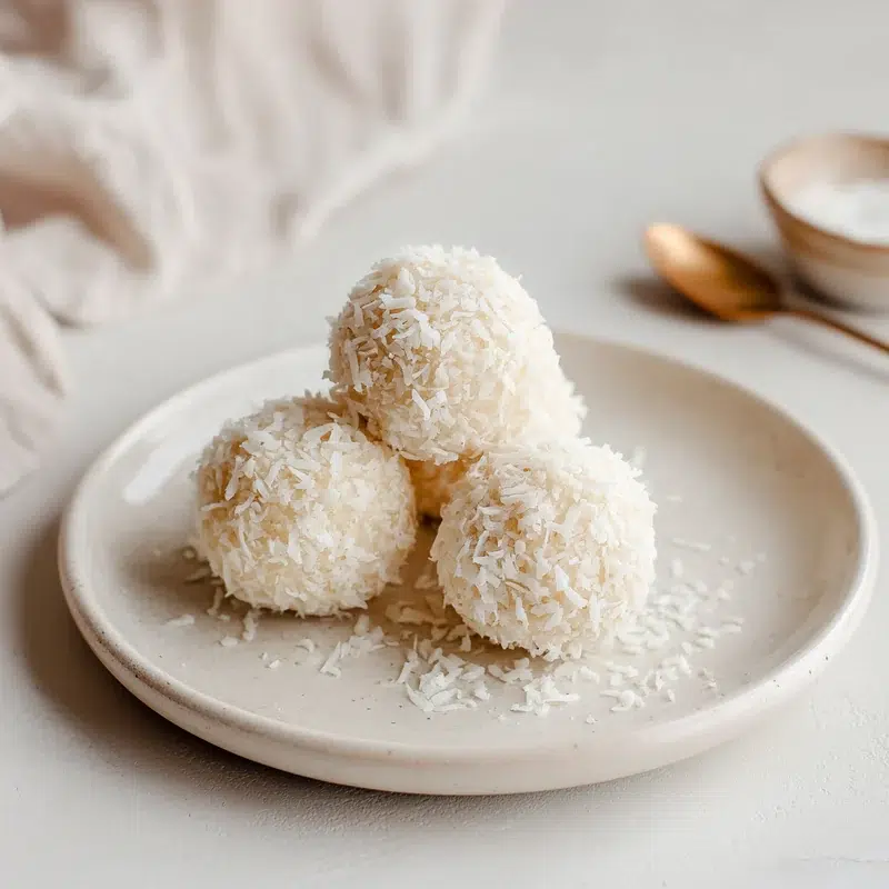 Round coconut bliss balls rolled in shredded coconut on a neutral background