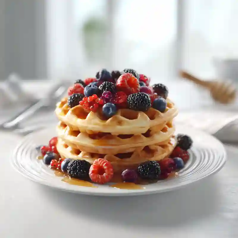 Stack of golden waffles with steam, topped with fresh berries and a drizzle of syrup on a white plate.