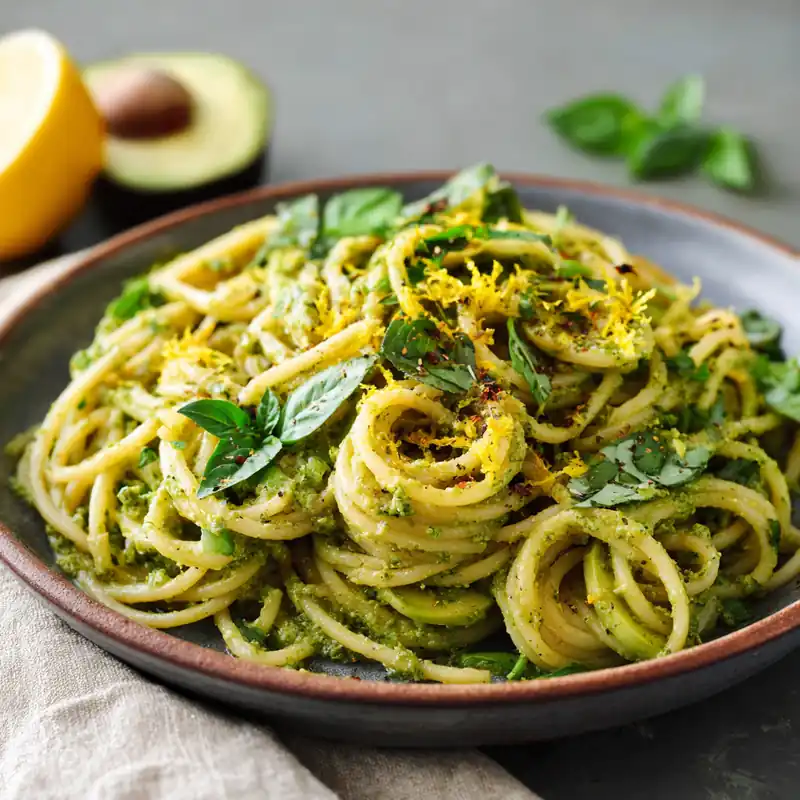 creamy avocado pesto pasta with lemon zest and fresh basil, served on a ceramic plate with avocado and lemon in background.