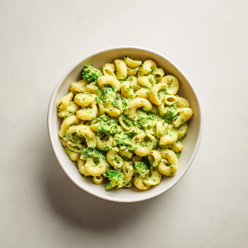 Creamy pasta tossed with a green broccoli sauce and chickpeas, served in a shallow white bowl