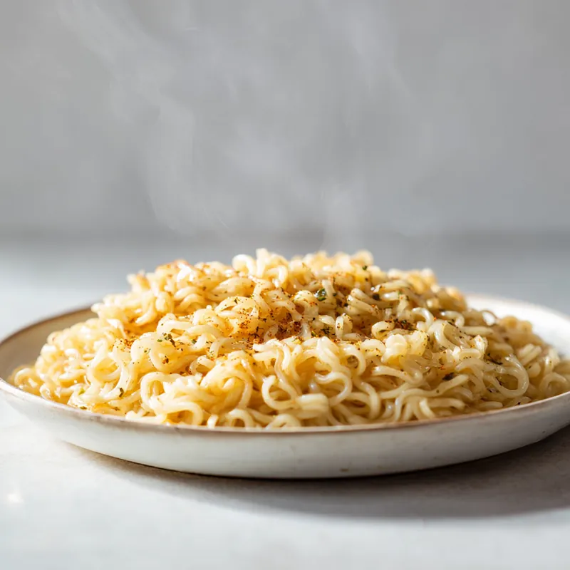 Steaming plate of creamy garlic butter ramen noodles sprinkled with black pepper and herbs