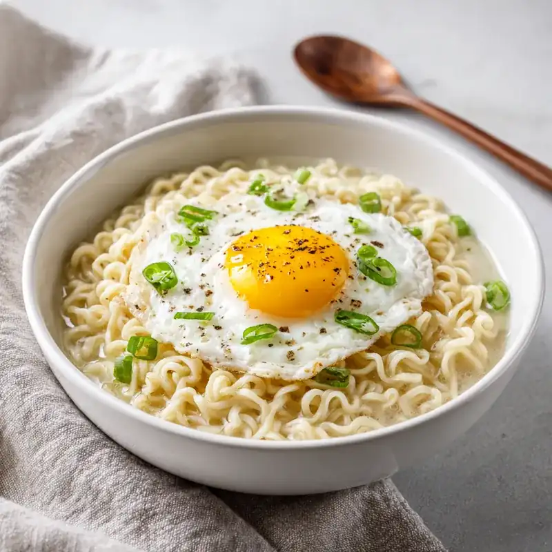 Creamy ramen noodles topped with a sunny side-up egg and sliced scallions in a white bowl