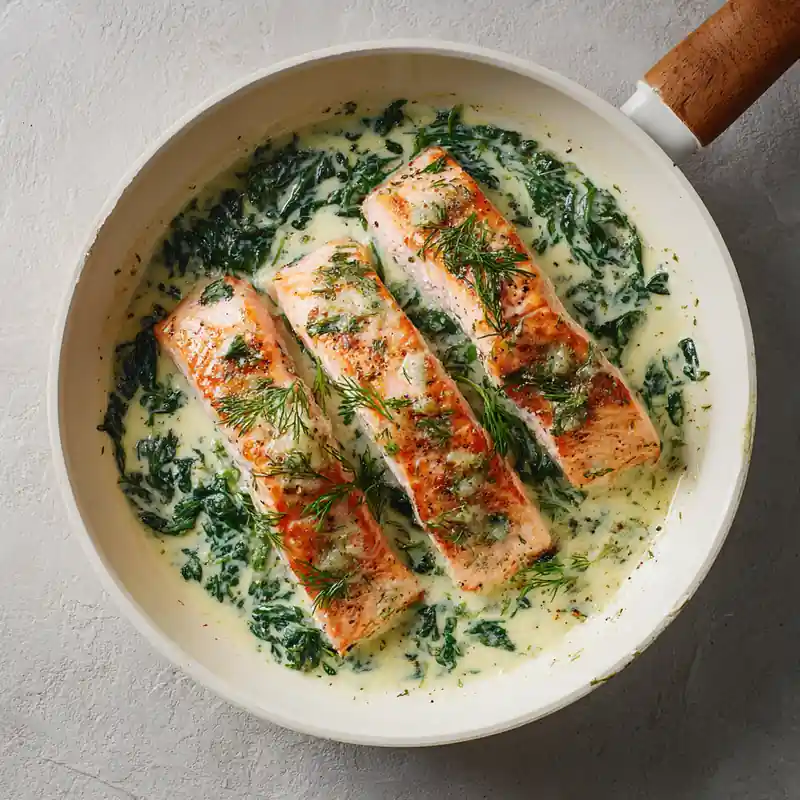 Creamy herb salmon fillets with wilted spinach in a white skillet