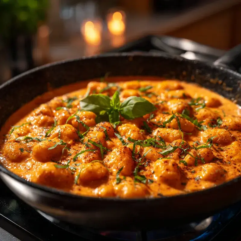Creamy tomato gnocchi in a skillet topped with basil and black pepper
