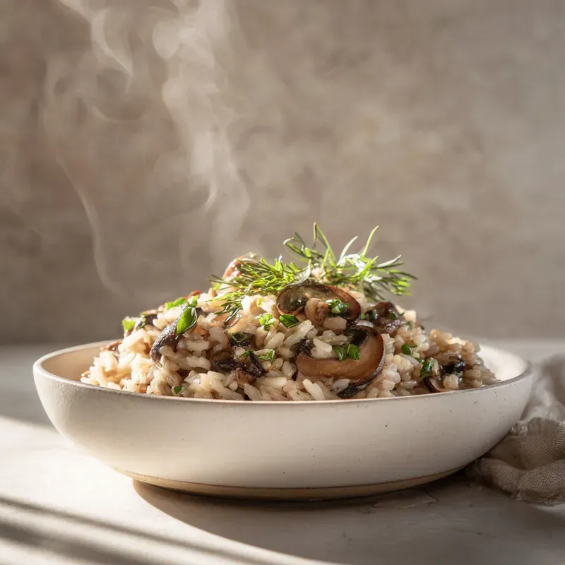 Steaming bowl of creamy mushroom and wild rice topped with fresh herbs in natural light