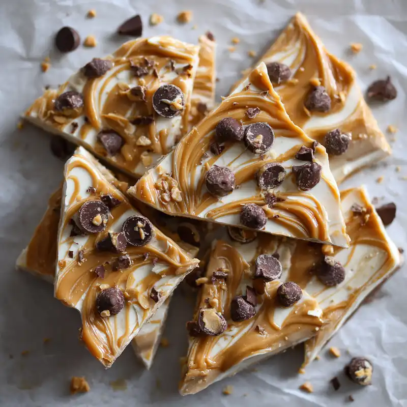 Frozen Greek yogurt bark topped with swirls of caramel, chocolate chips, and crushed peanuts on parchment paper.