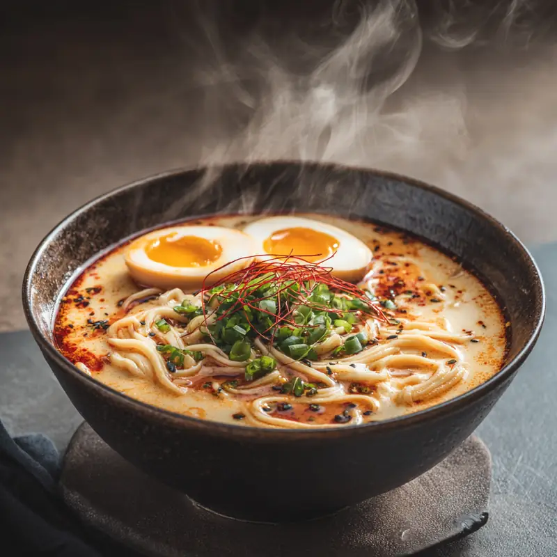 steaming bowl of creamy spicy ramen with noodles, soft-boiled egg, green onions, chili oil