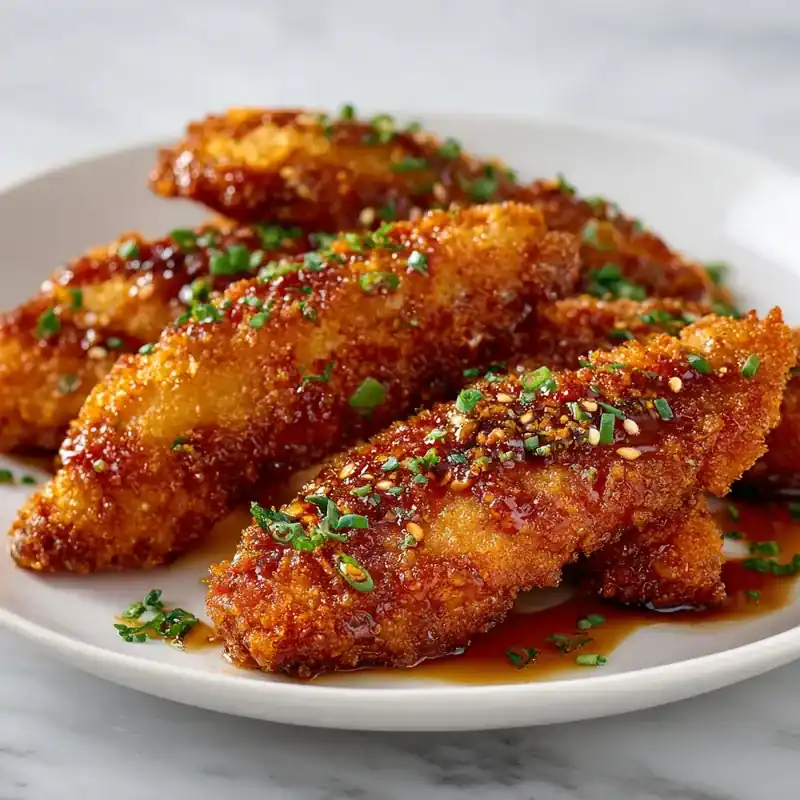 Crispy spicy honey chicken tenders coated in sticky sauce and garnished with green onions