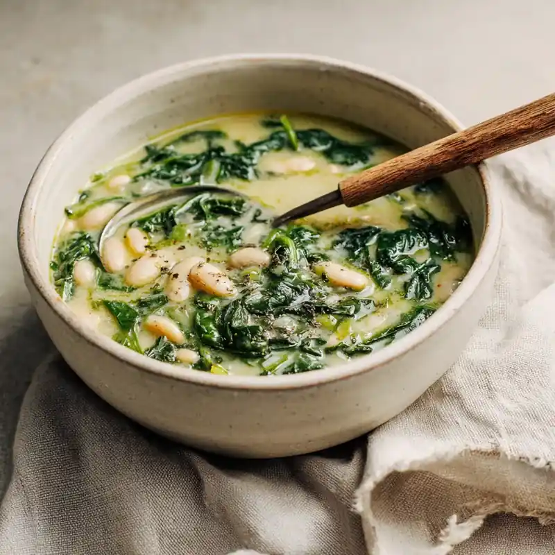 Creamy spinach and white bean soup in a rustic bowl with herbs and a wooden spoon SEO Title: Creamy Spinach & White Bean Soup, Vegan + 20 Minutes.