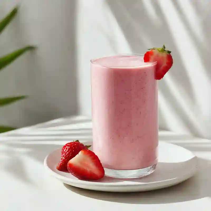Pink, thick strawberry smoothie in a clear glass with a strawberry slice garnish, served on a white plate in natural light.