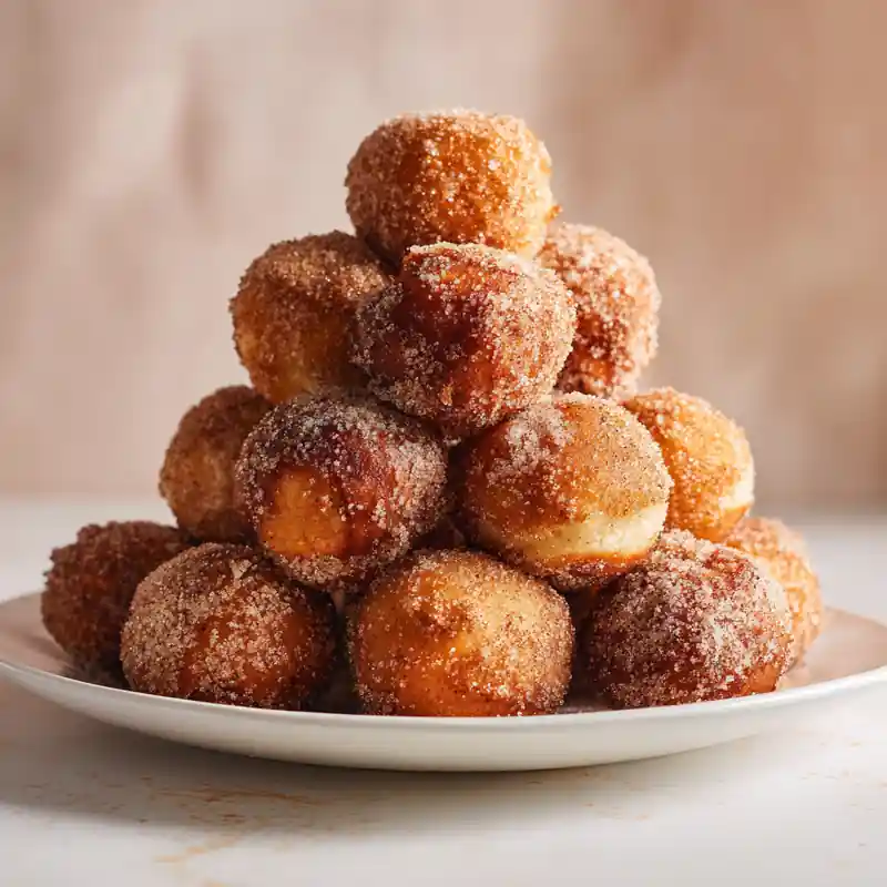 Golden brown air fryer donut holes rolled in cinnamon sugar on a white plate