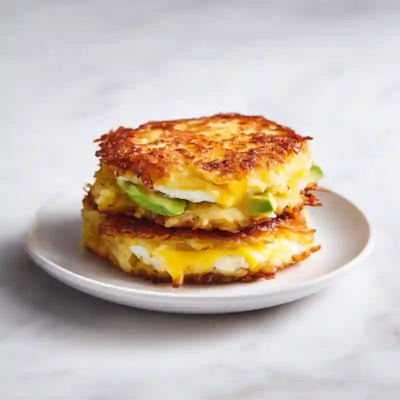 Two crispy hash brown patties sandwiching a folded egg, melted cheddar, and avocado slices on a white plate.