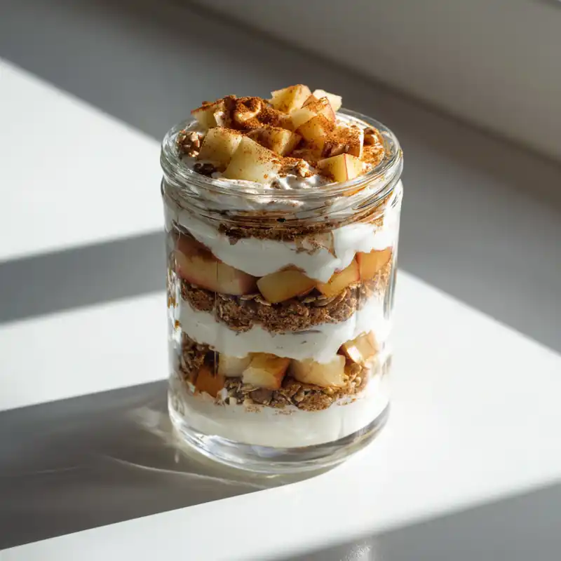Layered apple cinnamon yogurt parfait in a glass jar with granola and spiced apples