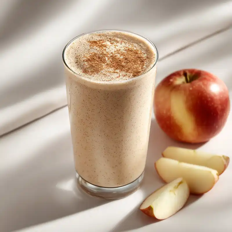 Creamy apple pie smoothie in a glass topped with cinnamon, beside fresh apple slices