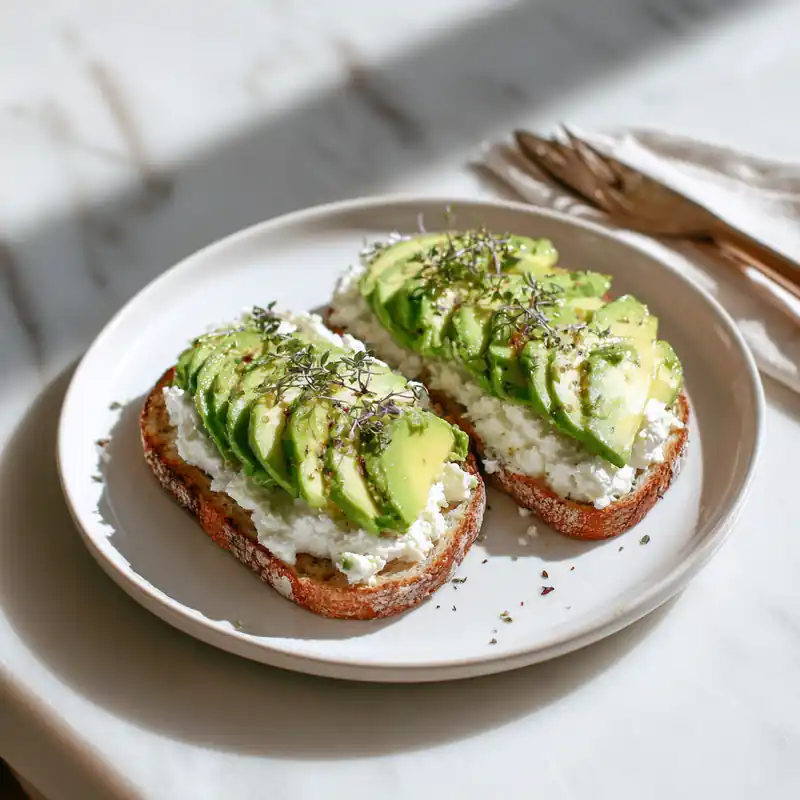 Toasted sourdough topped with creamy cottage cheese and sliced avocado, garnished with micro greens