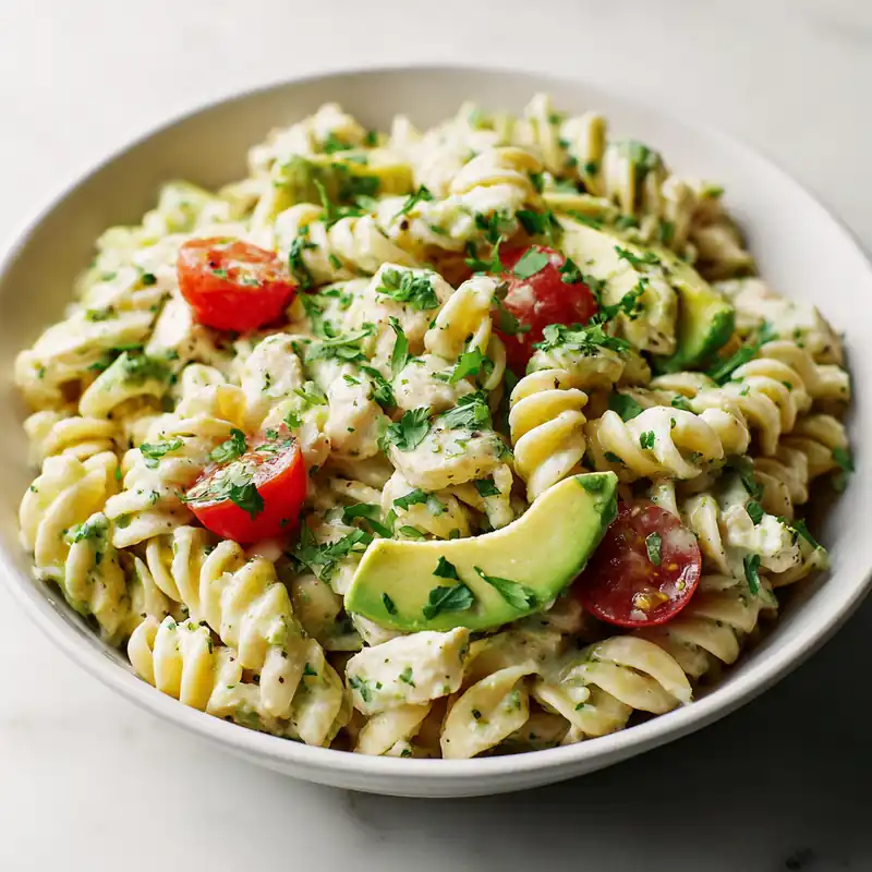 Creamy avocado chicken pasta salad with cherry tomatoes and herbs in a white bowl