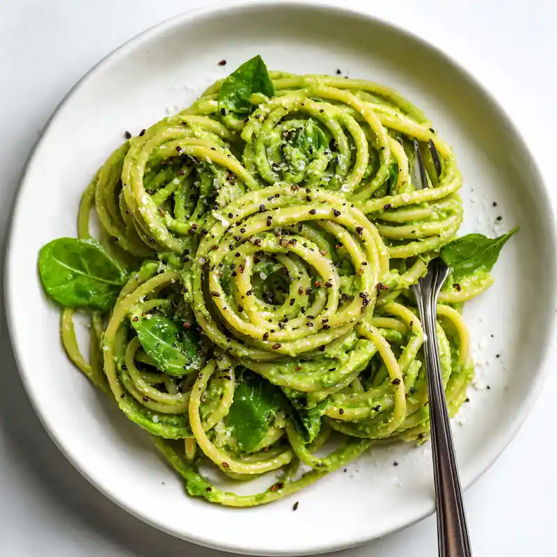 Plate of creamy avocado spinach pasta topped with cracked pepper and fresh greens