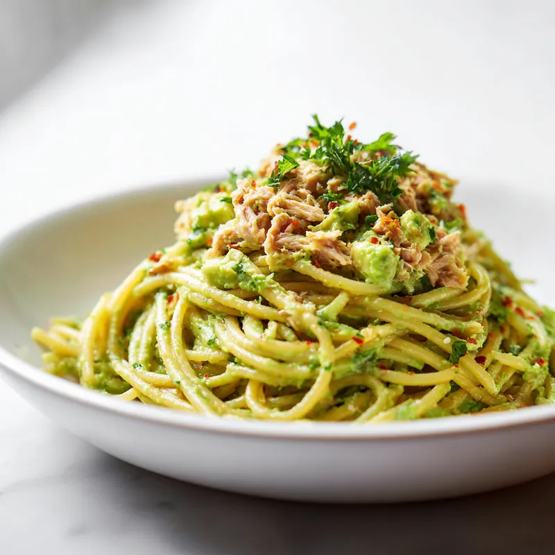creamy avocado tuna pasta with spaghetti, fresh herbs, and chili flakes in white bowl