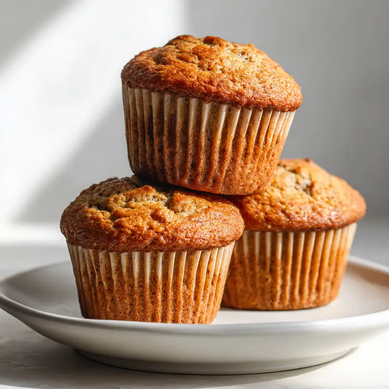 Golden banana bread muffins stacked on a white plate in natural light
