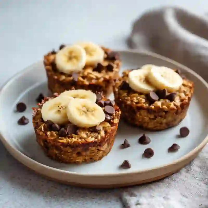 Baked oatmeal cups topped with banana slices and chocolate chips on a neutral plate