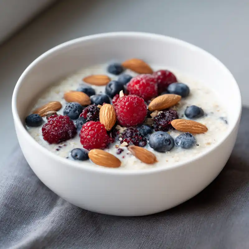 Creamy muesli in a white bowl topped with fresh berries and whole almonds on gray napkin