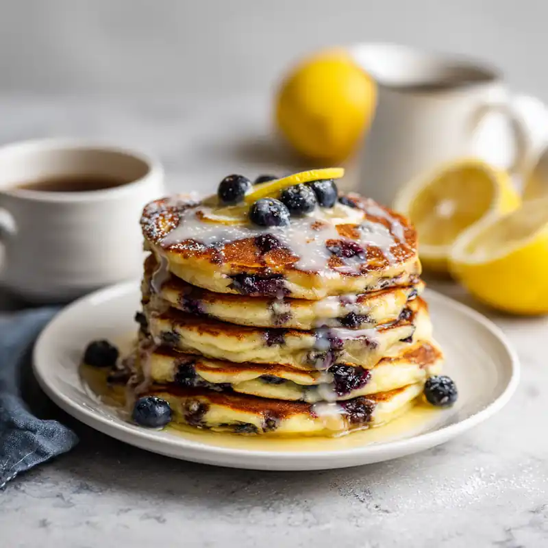 Stack of blueberry lemon ricotta pancakes topped with glaze, fresh blueberries, and lemon slice