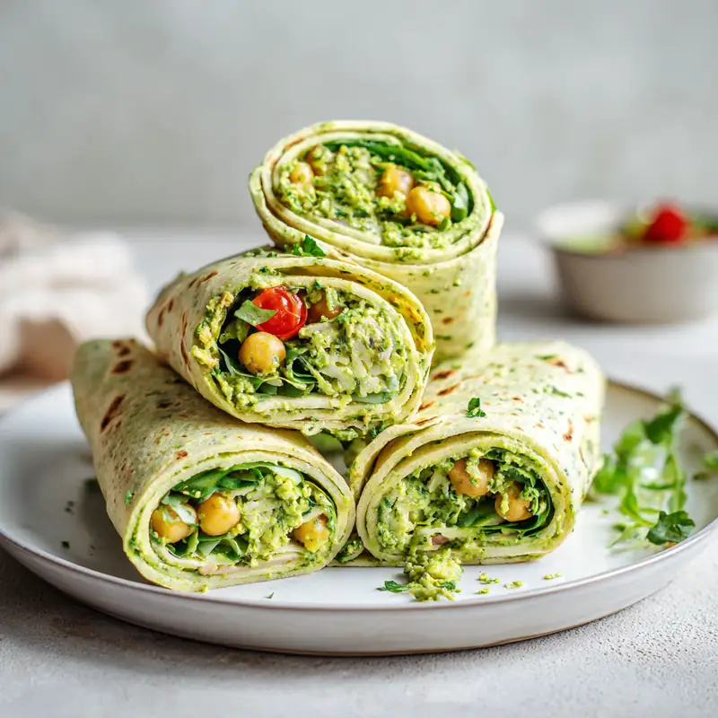 sliced chickpea pesto wraps with spinach, sun-dried tomatoes, and hummus on plate