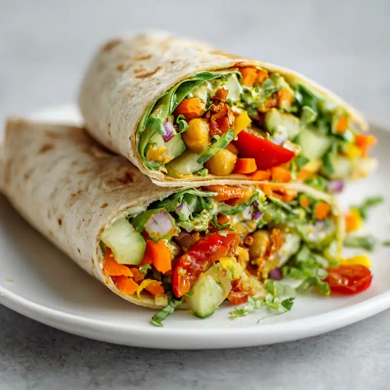 Sliced chickpea veggie wrap filled with colorful vegetables and chickpeas on a white plate.