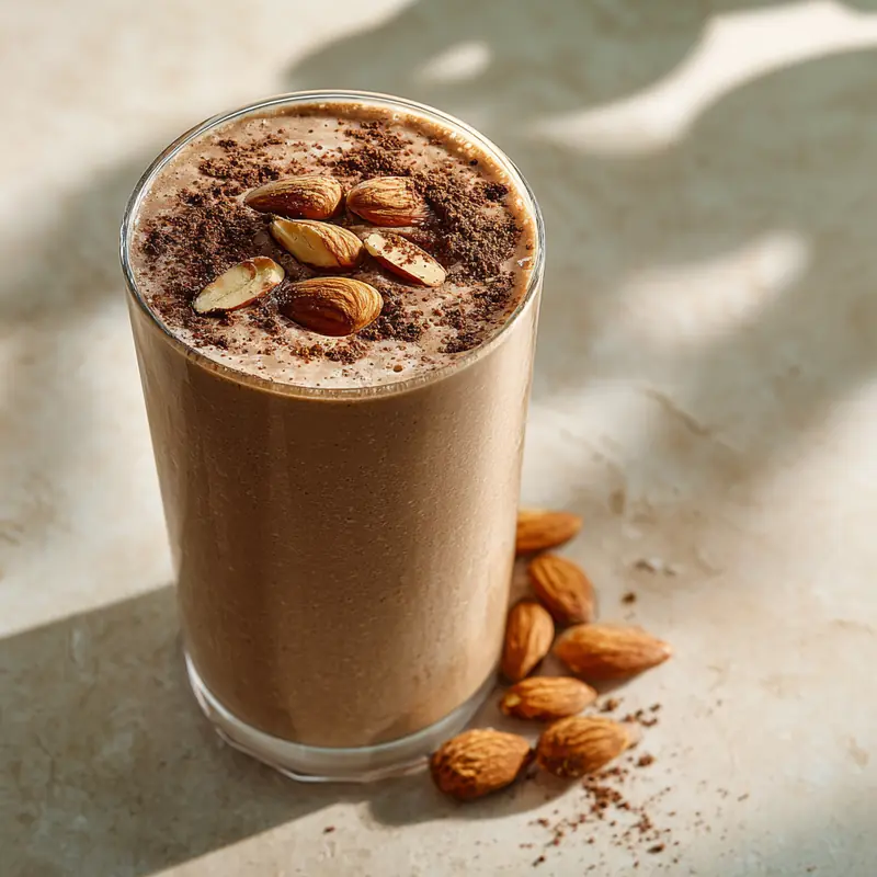 Creamy chocolate almond smoothie in a glass topped with almonds and cocoa dust on marble surface