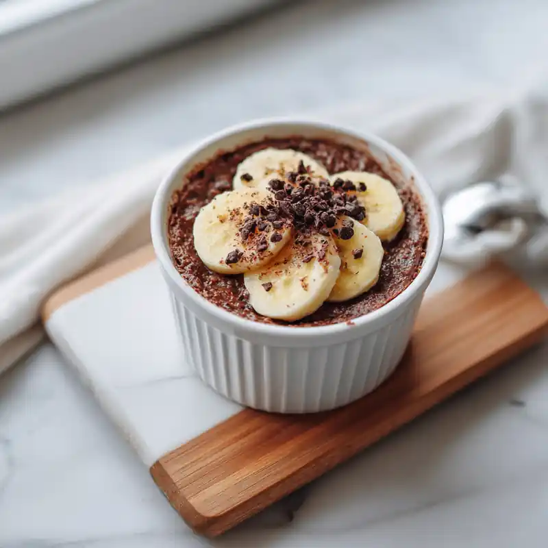 chocolate baked oats topped with banana slices and cacao nibs in white ramekin