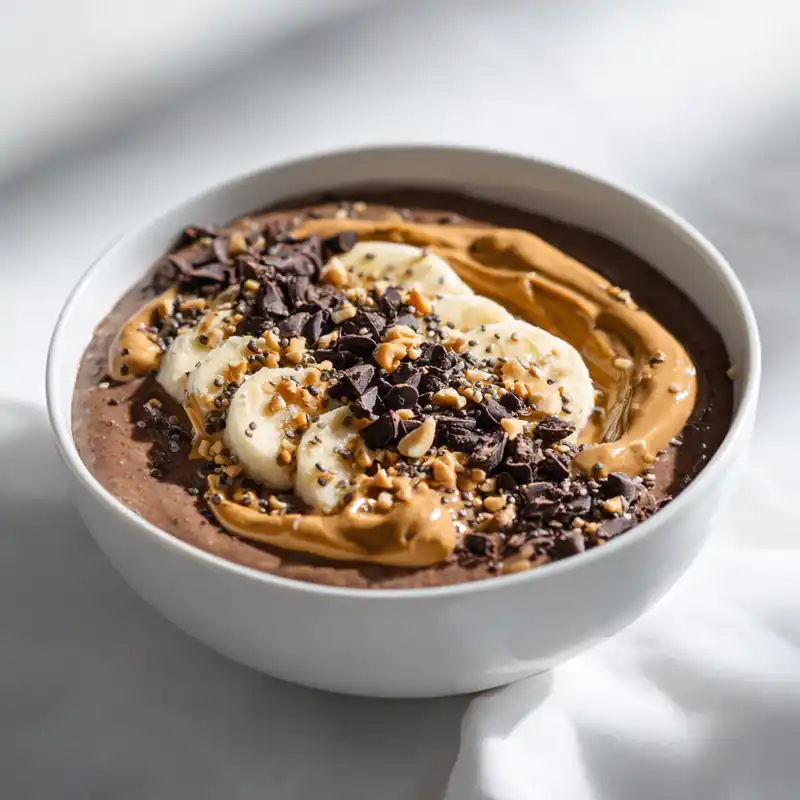 Chocolate chia pudding bowl topped with banana slices, peanut butter, and chopped nuts in white bowl