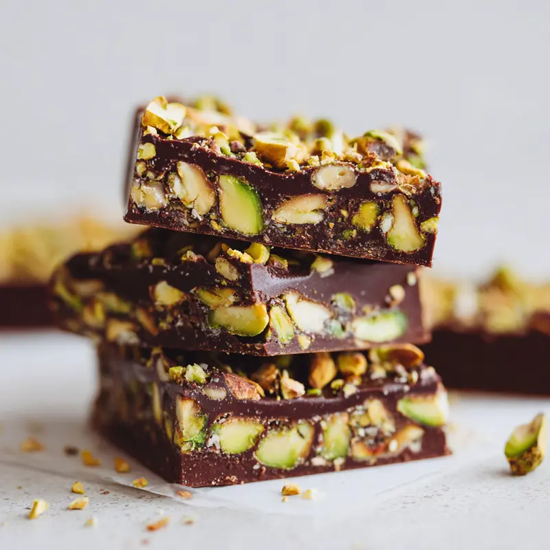 stacked no-bake chocolate pistachio energy bars with chopped nuts and rich dark chocolate