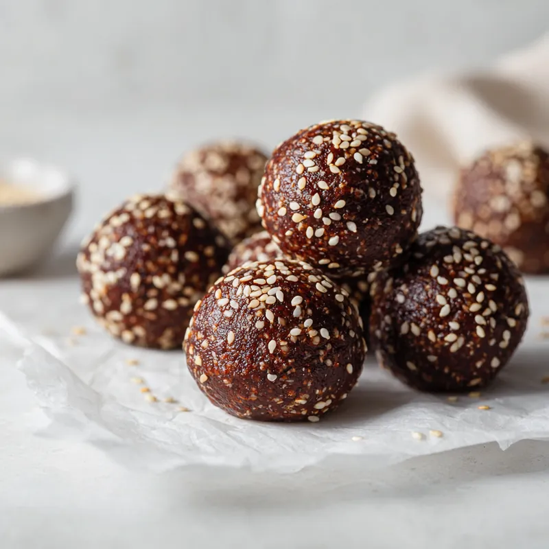 No-bake chocolate tahini bliss balls coated in sesame seeds, stacked on white parchment with soft natural lighting.