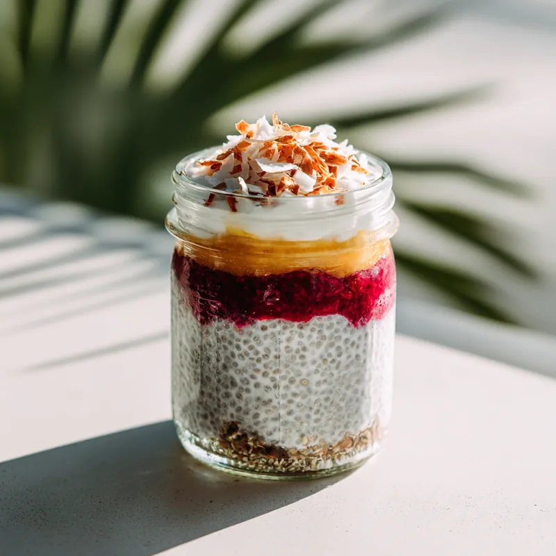 Layered coconut chia parfait in a jar with fruit, yogurt, and toasted coconut flakes