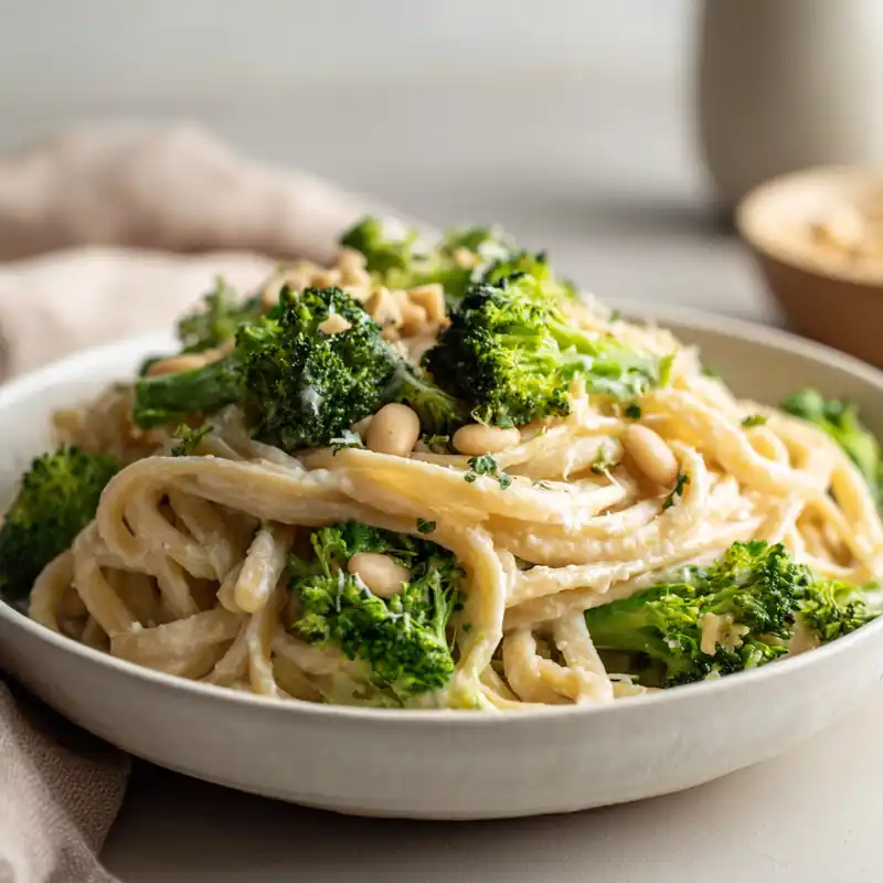 Creamy linguine pasta with broccoli florets and white beans in a white ceramic bowl