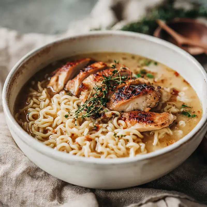creamy garlic butter chicken ramen with seared chicken, herbs, and rich broth in ceramic bowl