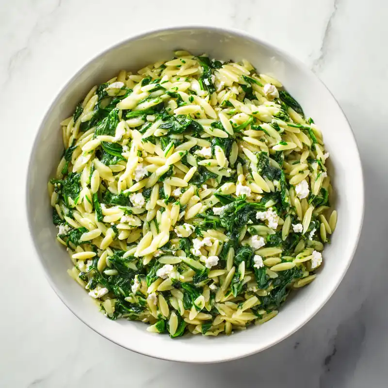 Creamy orzo pasta with fresh spinach and crumbled feta in a white bowl on marble